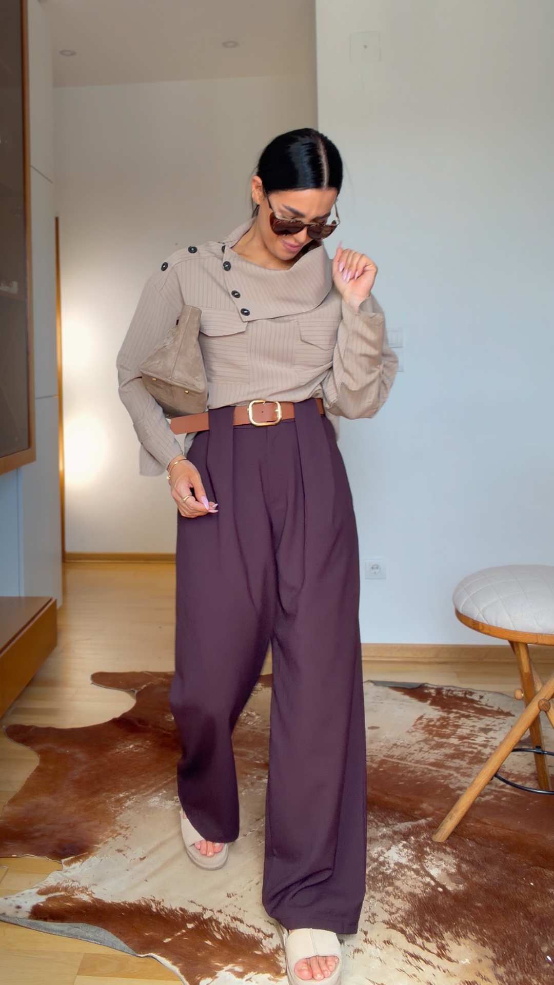Statement Pants with belt-Burgundy
