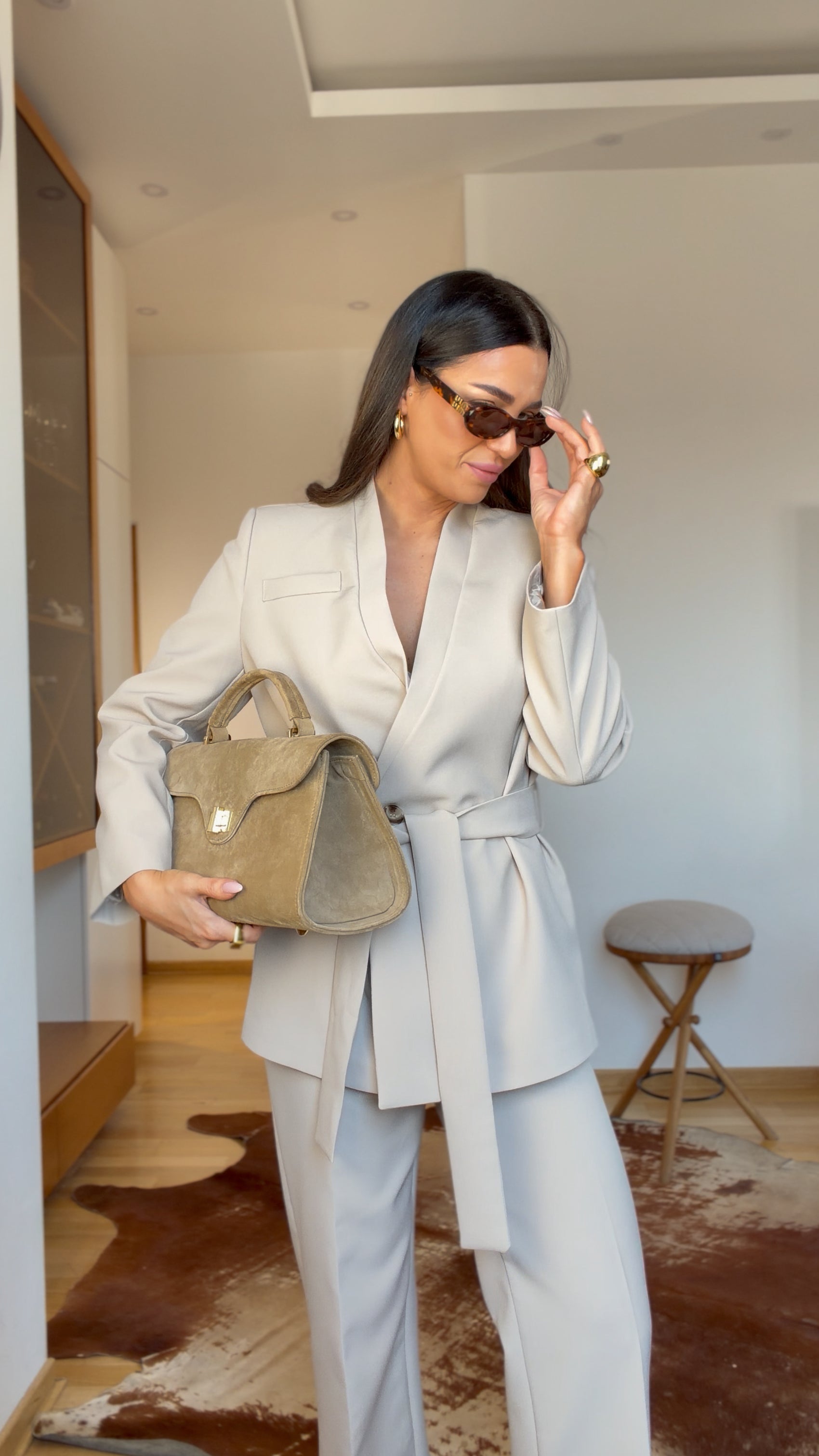 Belted suit set- Beige